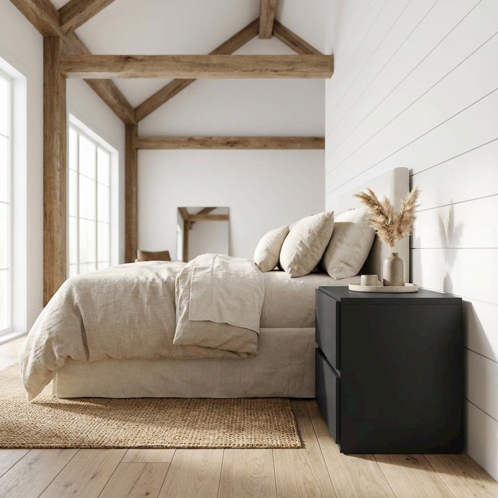 Black Nightstand with 1-Drawer, Folding Door, Modern Design for Bedroom Storage