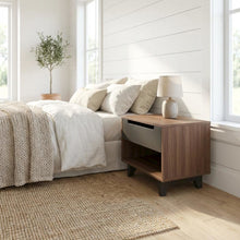 Walnut and Charcoal Nightstand with Drawer and Folding Door for Bedroom