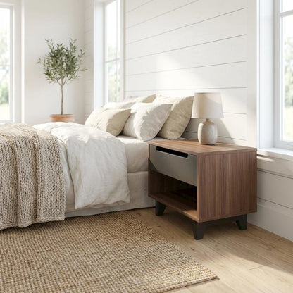 Walnut and Charcoal Nightstand with Drawer and Folding Door for Bedroom