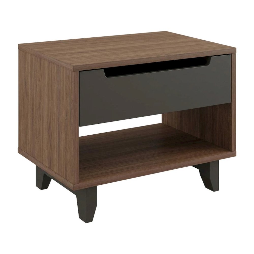 Walnut and Charcoal Nightstand with Drawer and Folding Door for Bedroom