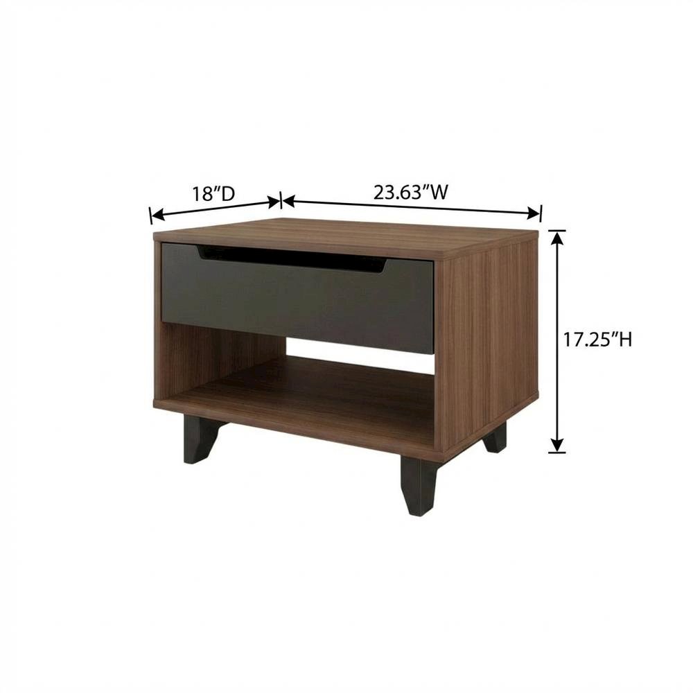 Walnut and Charcoal Nightstand with Drawer and Folding Door for Bedroom