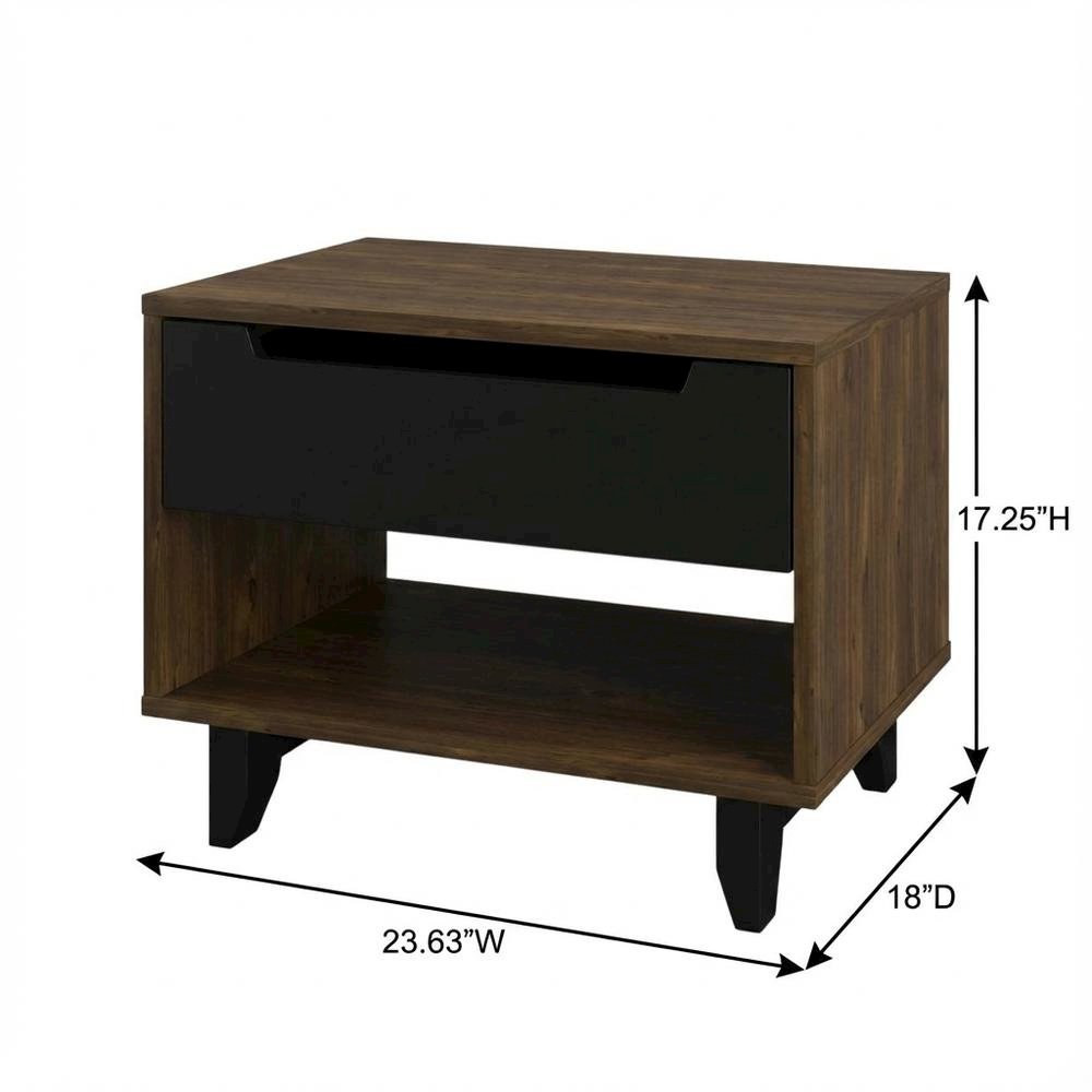 Black Nightstand with Folding Door and Rustic Style, Matte Black Lacquer Finish