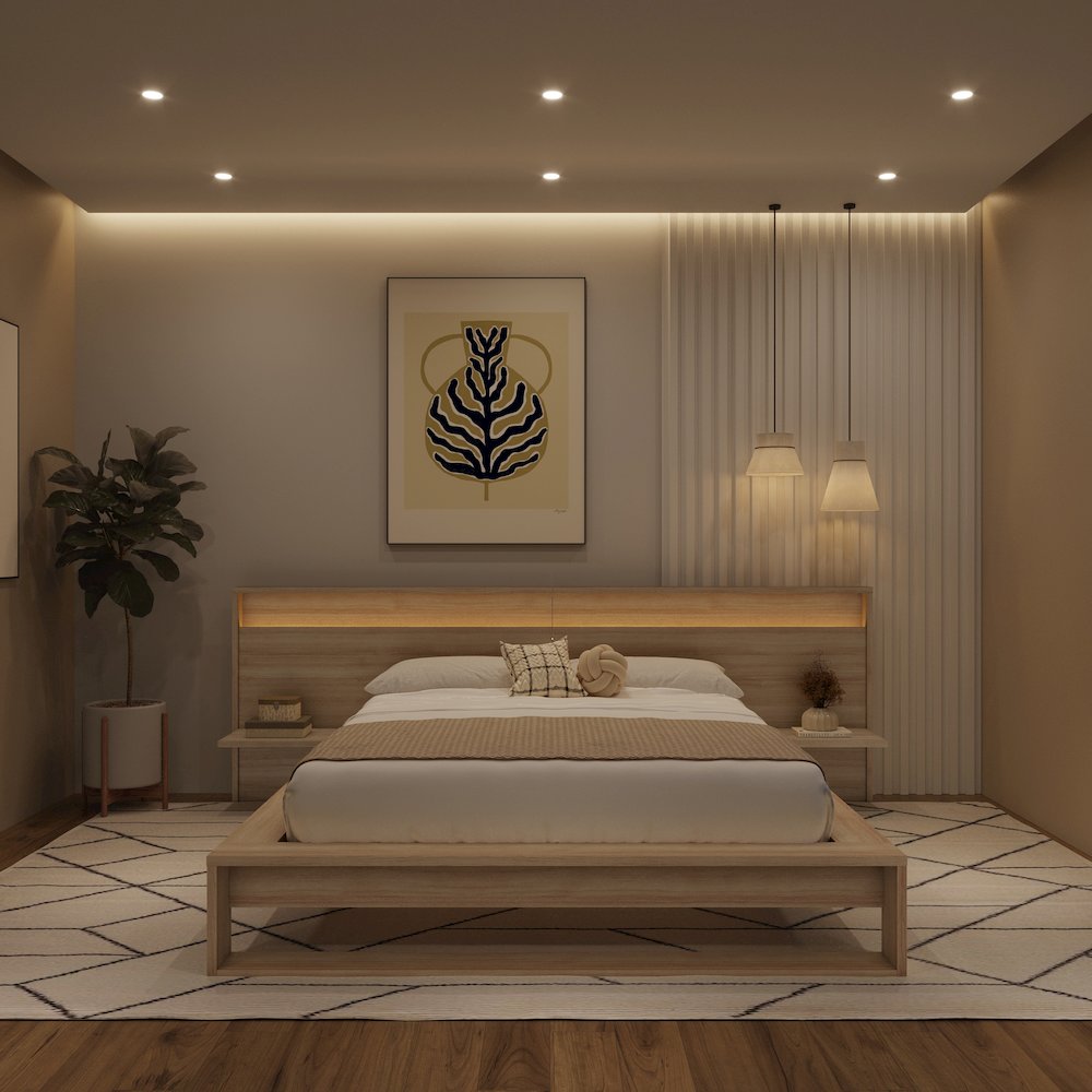 Lido Bedroom Set with Slatted Bedframe, Wide Headboard with Lights and Shelves