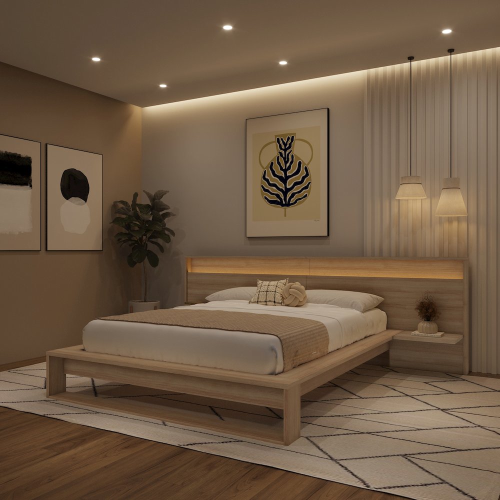 Lido Bedroom Set with Slatted Bedframe, Wide Headboard with Lights and Shelves