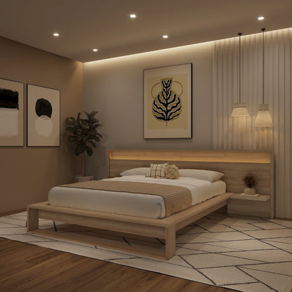 Lido Bedroom Set with Slatted Bedframe, Wide Headboard with Lights and Shelves