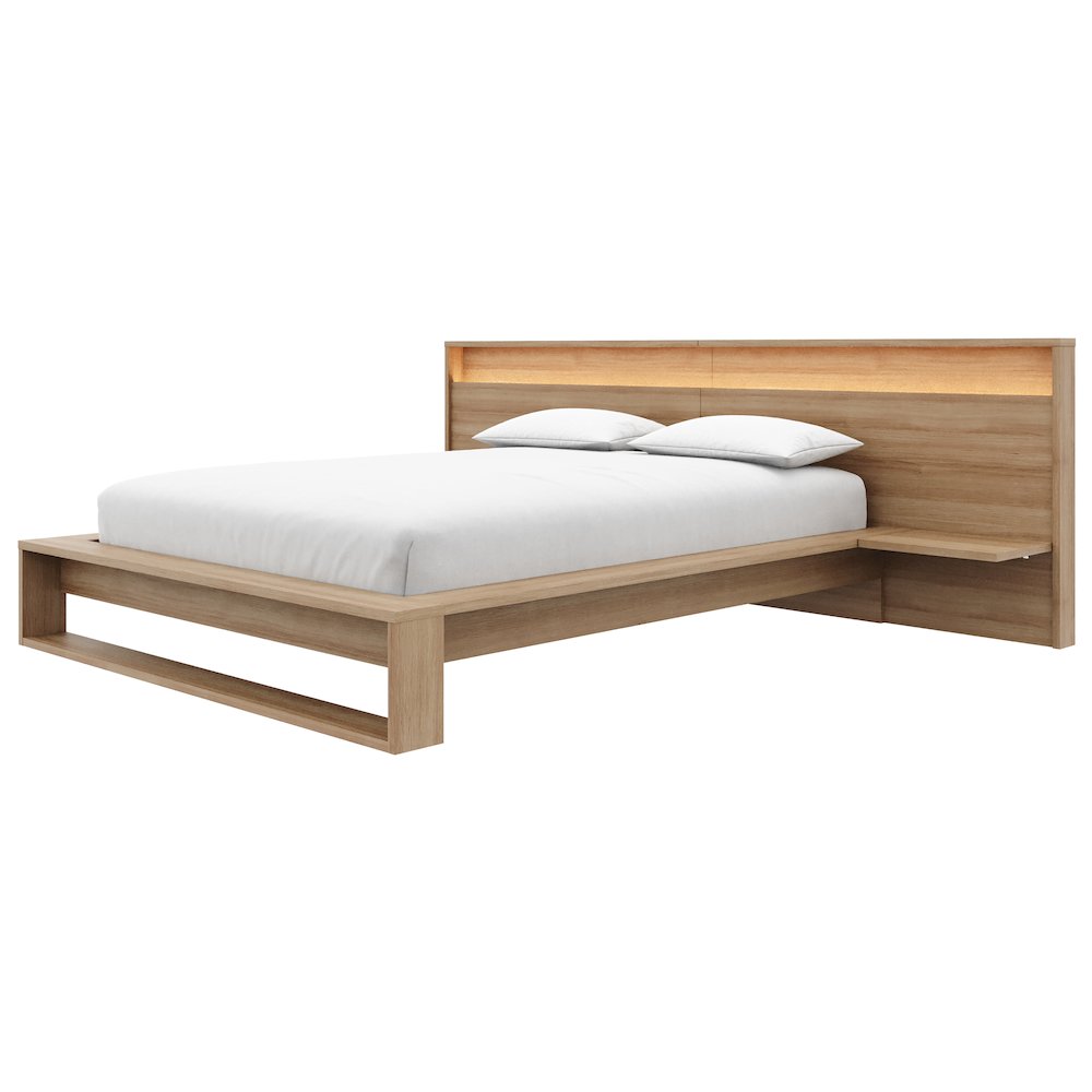 Lido Bedroom Set with Slatted Bedframe, Wide Headboard with Lights and Shelves