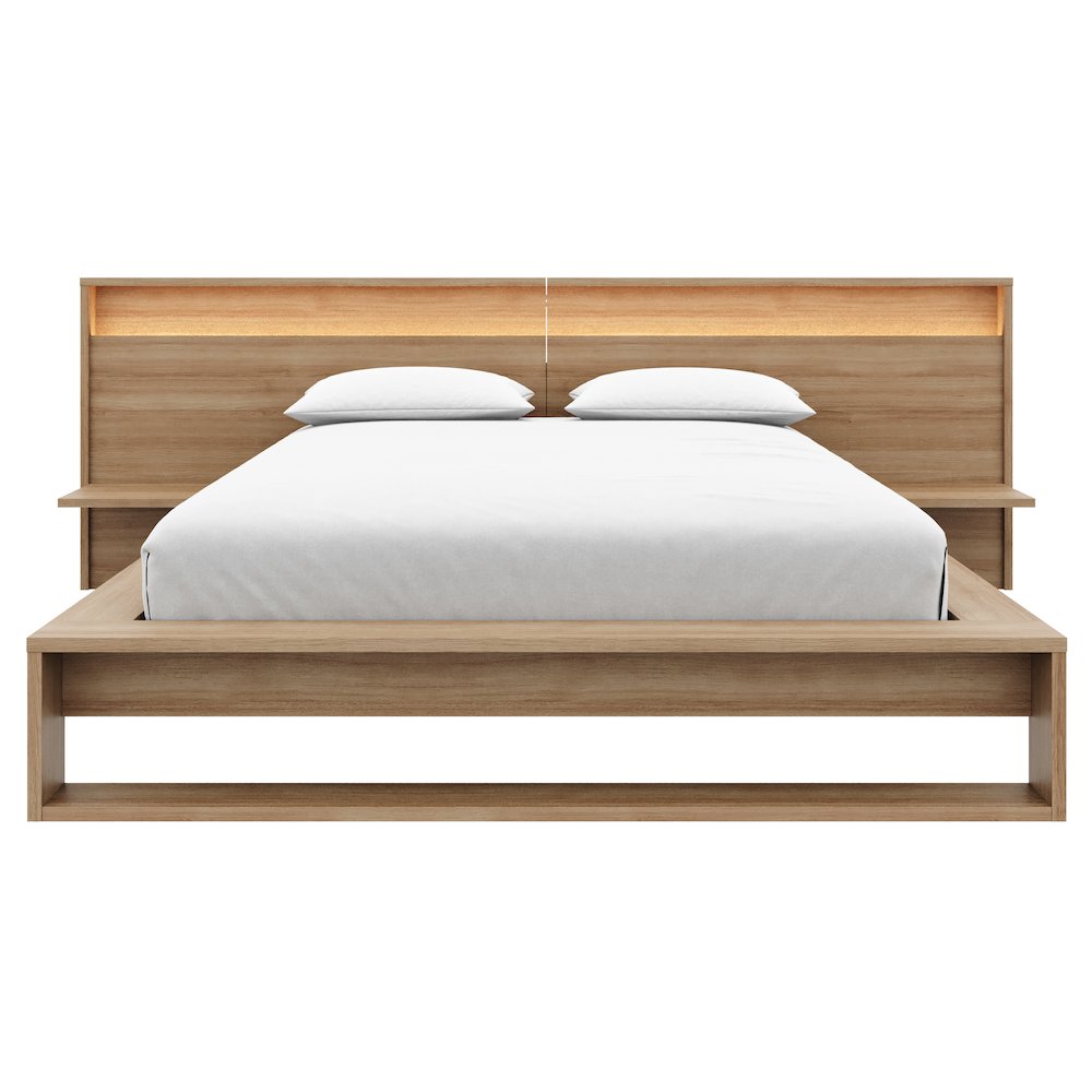 Lido Bedroom Set with Slatted Bedframe, Wide Headboard with Lights and Shelves