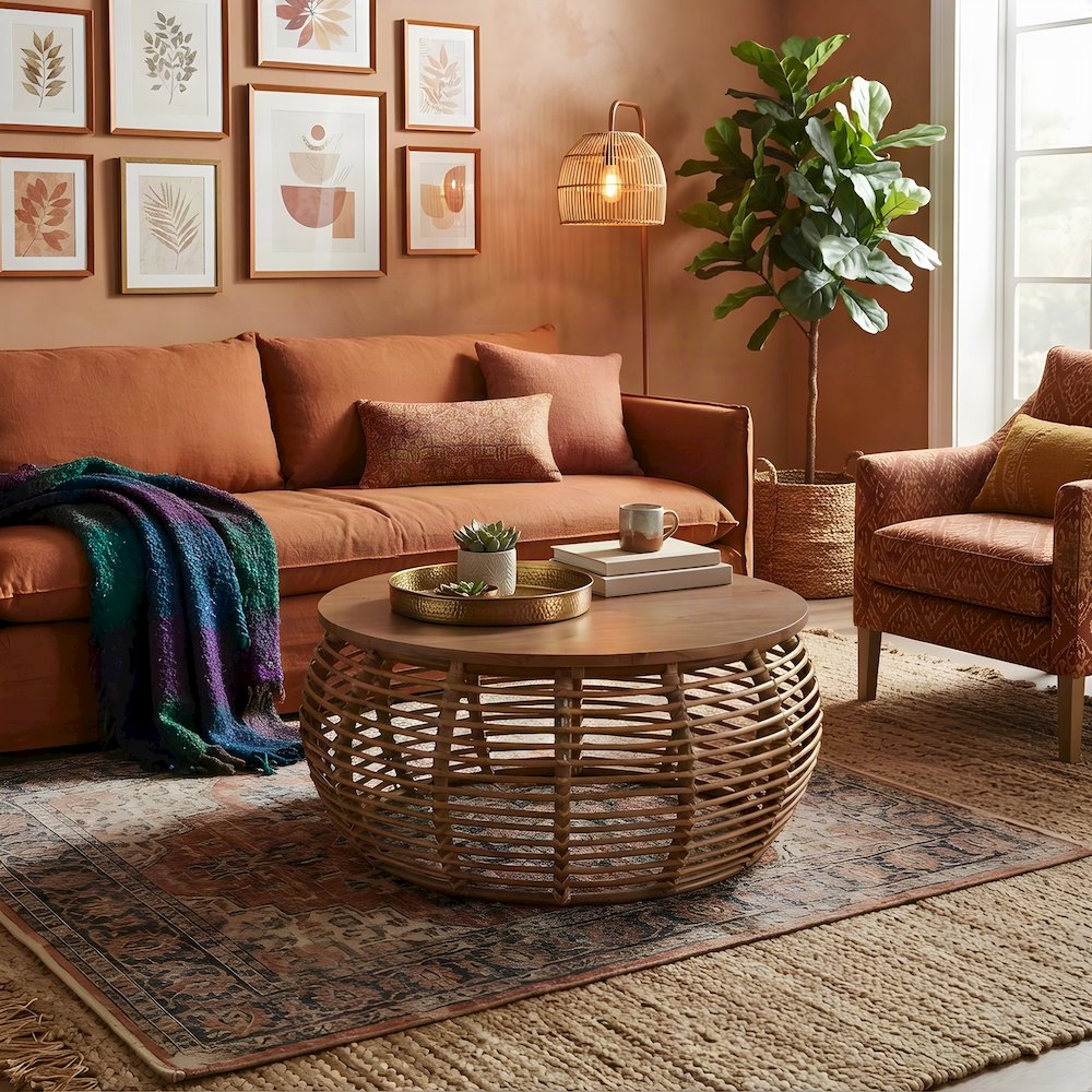 Solid Mindi Wood and Rattan Coffee Table, Fully Assembled Boho Accents, Honey
