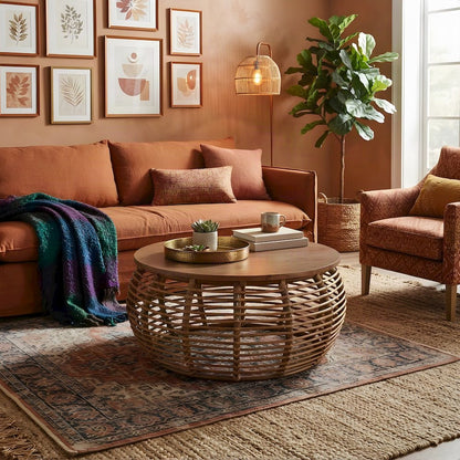 Solid Mindi Wood and Rattan Coffee Table, Fully Assembled Boho Accents, Honey