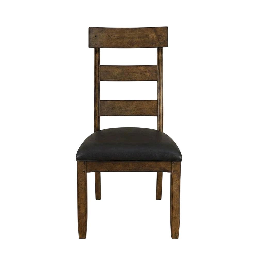 Distressed Mango Side Chair with Upholstered Faux Leather Seat, Warm Pecan