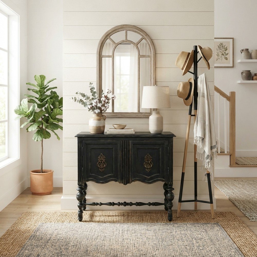 Birch Veneer Storage Chest with Distressed-Finish Detail for Entryway, Black