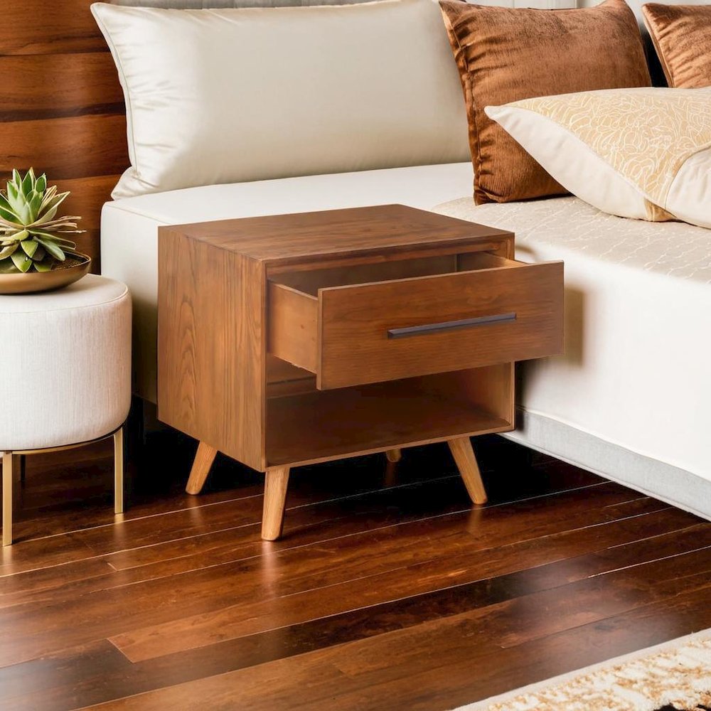 Elegant Brown Nightstand with Drawer and Open Space for Bedroom Essentials