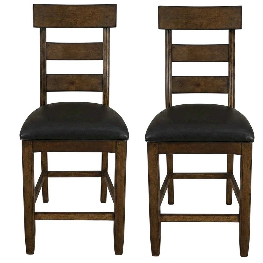 Distressed Mango Counter Stool with Upholstered Faux Leather Seat, Warm Pecan