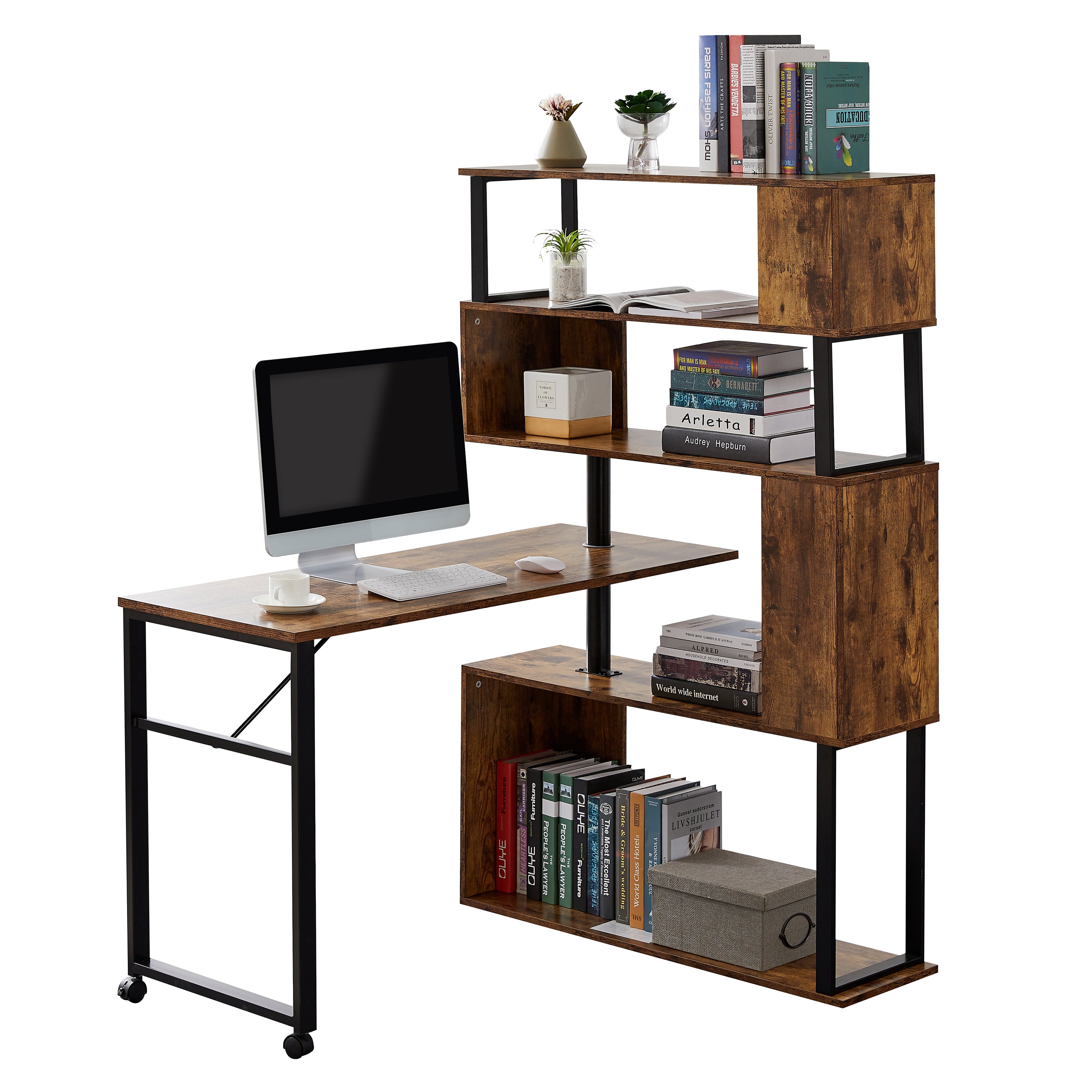 Home Office Computer Desk L-Shaped Corner Table, Rotating Computer Table with 5-Tier Bookshelf, Four Installation Methods, Lockable Casters (Tiger)