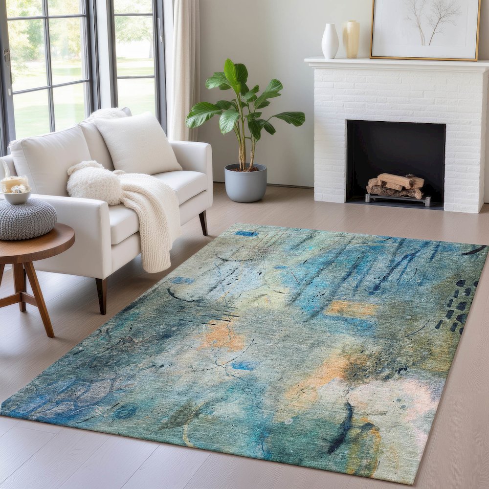 Machine Washable Indoor/Outdoor Chantille ACN2032 Teal 3' x 5' Rug