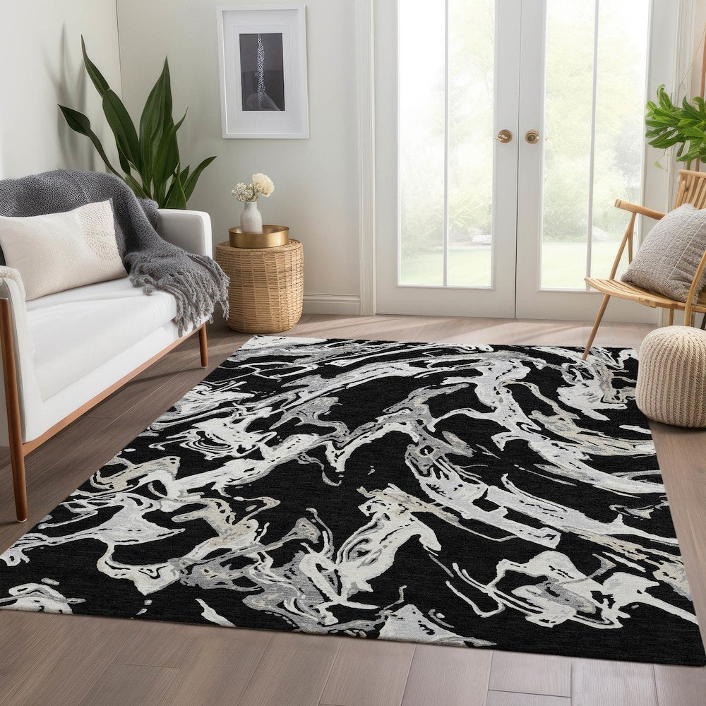 Premium Machine Washable Mayfield AMF1035 Black 3' x 5' Rug