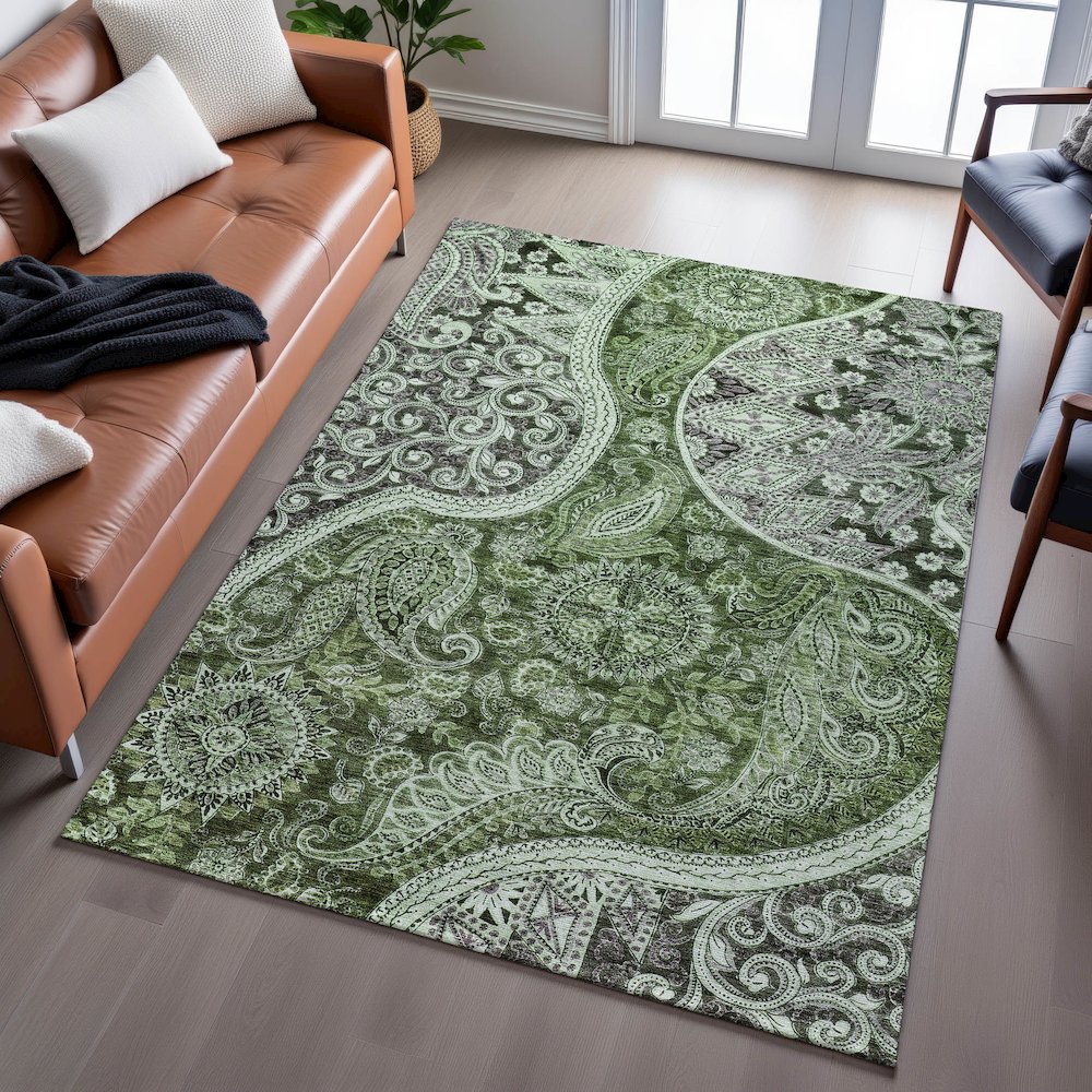 Premium Machine Washable Mayfield AMF1078 Olive 3' x 5' Rug