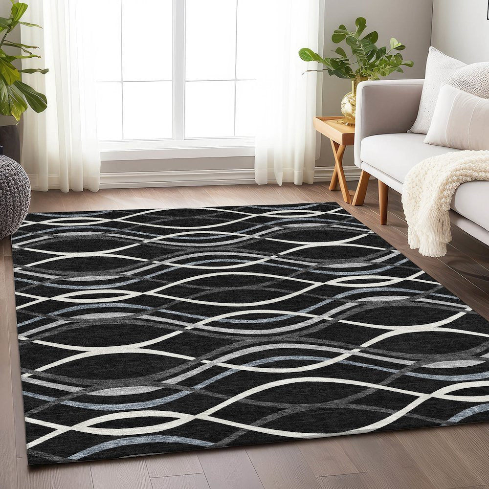 Premium Machine Washable Mayfield AMF757 Black 3' x 5' Rug