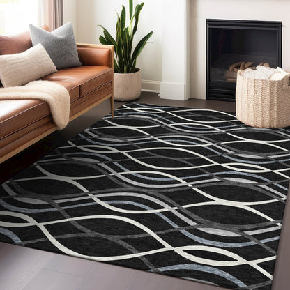 Premium Machine Washable Mayfield AMF757 Black 3' x 5' Rug