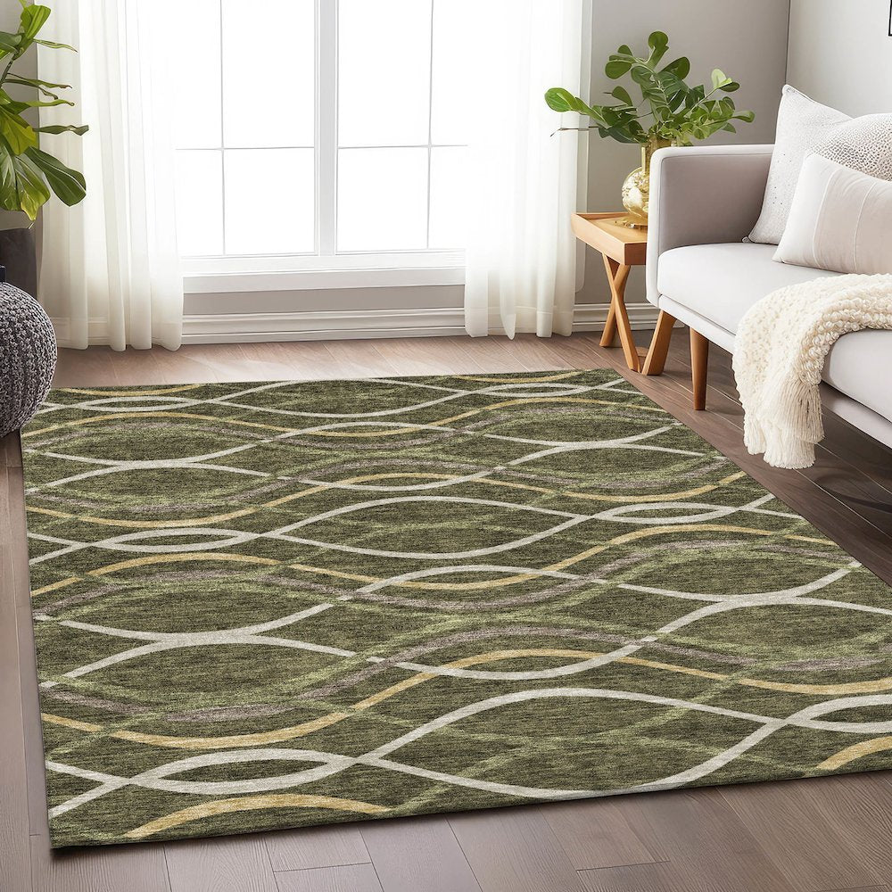 Premium Machine Washable Mayfield AMF757 Olive 3' x 5' Rug
