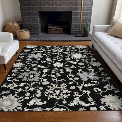 Machine Washable Indoor/Outdoor Chantille Black 8' x 10' Rug