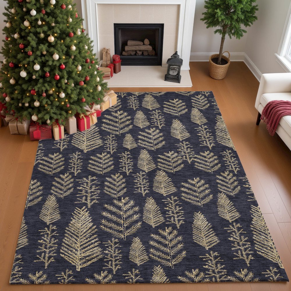 Luxury Washable Indoor/Outdoor Merry & Bright Black 8' x 10' Rug