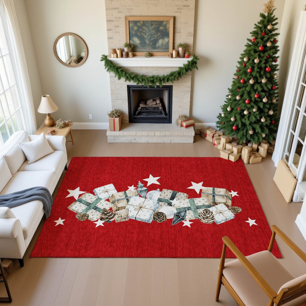Luxury Washable Indoor/Outdoor Merry & Bright Red 8' x 10' Rug