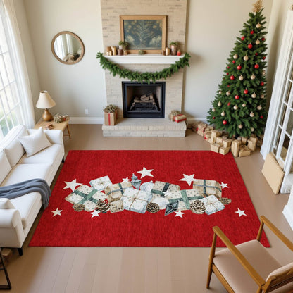 Luxury Washable Indoor/Outdoor Merry & Bright Red 8' x 10' Rug