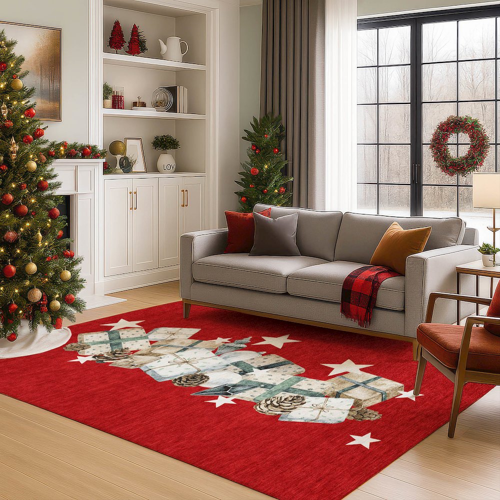 Luxury Washable Indoor/Outdoor Merry & Bright Red 8' x 10' Rug
