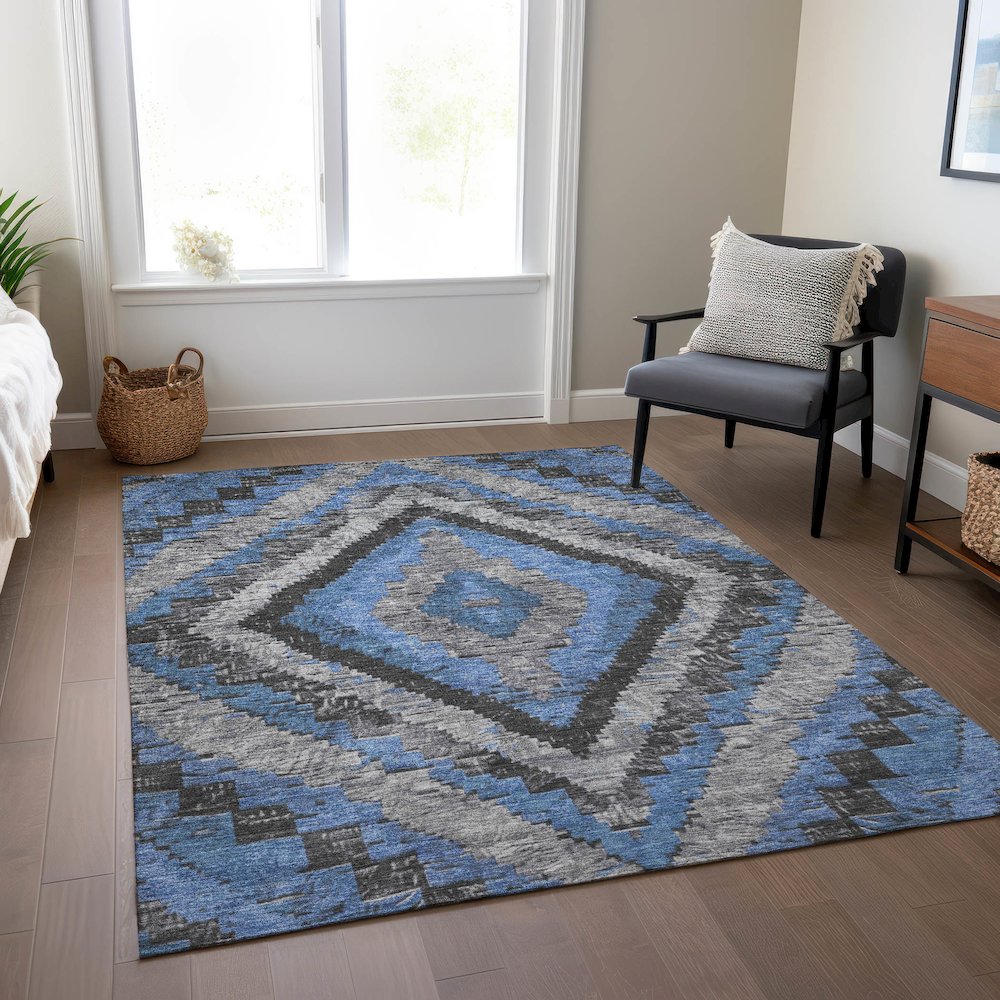 Machine Washable Indoor/Outdoor Chantille Blue 9' x 12' Rug