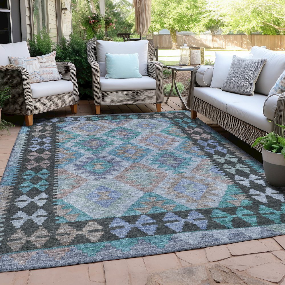 Machine Washable Indoor/Outdoor Chantille Teal 9' x 12' Rug
