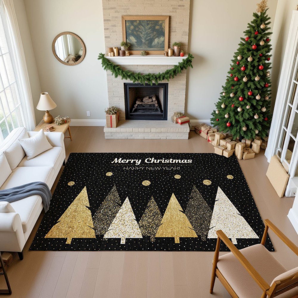 Luxury Washable Indoor/Outdoor Merry & Bright Black 9' x 12' Rug