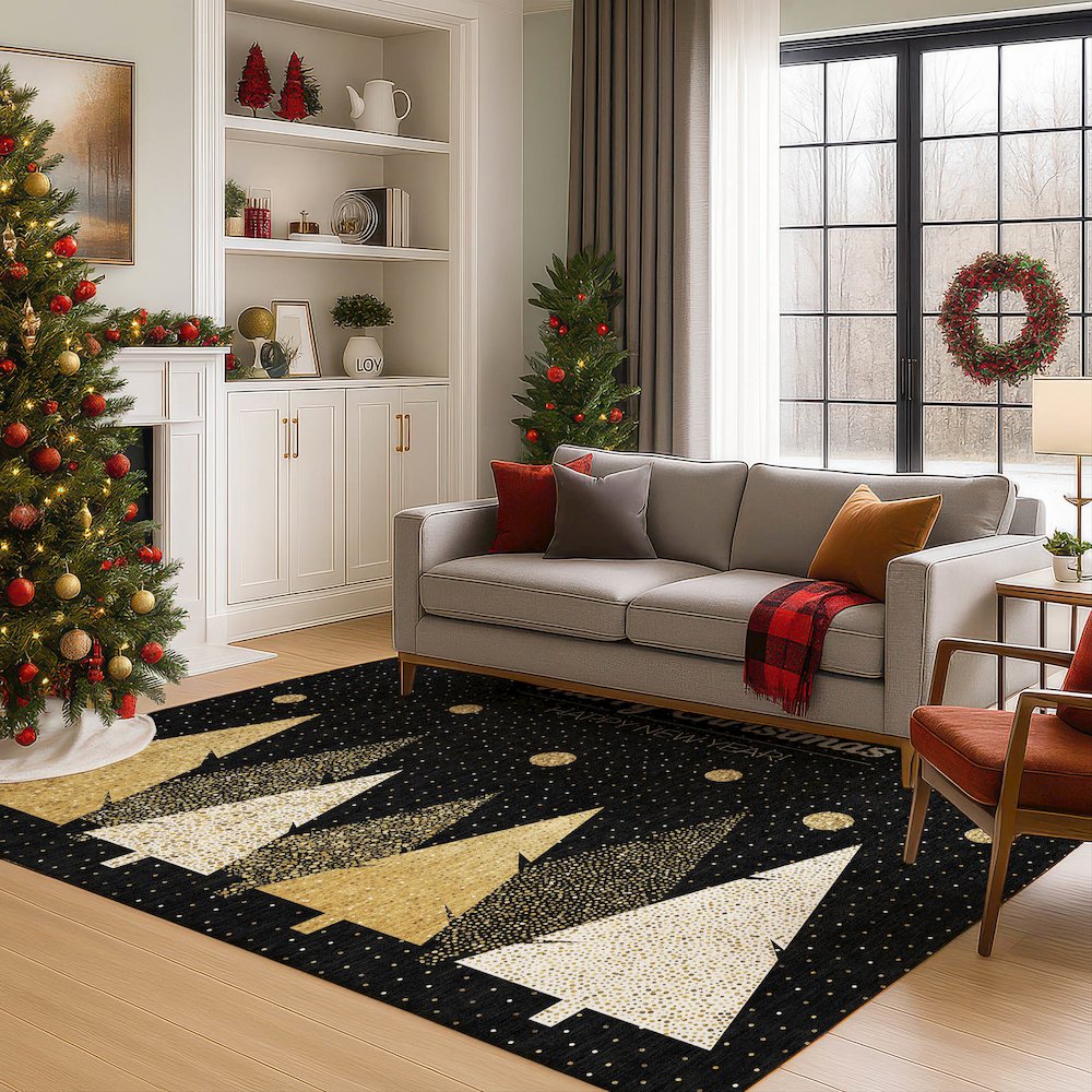 Luxury Washable Indoor/Outdoor Merry & Bright Black 9' x 12' Rug
