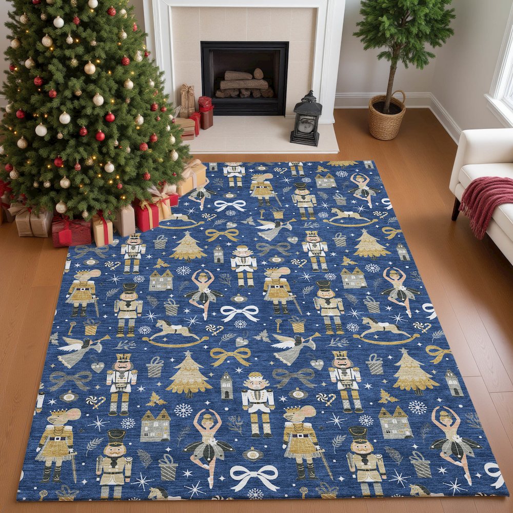 Luxury Washable Indoor/Outdoor Merry & Bright Navy 9' x 12' Rug