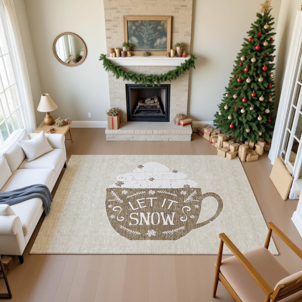 Luxury Washable Indoor/Outdoor Merry & Bright Beige 9' x 12' Rug