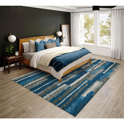 Bravado Blue Contemporary Striped 8' x 10' Area Rug Blue ABV37