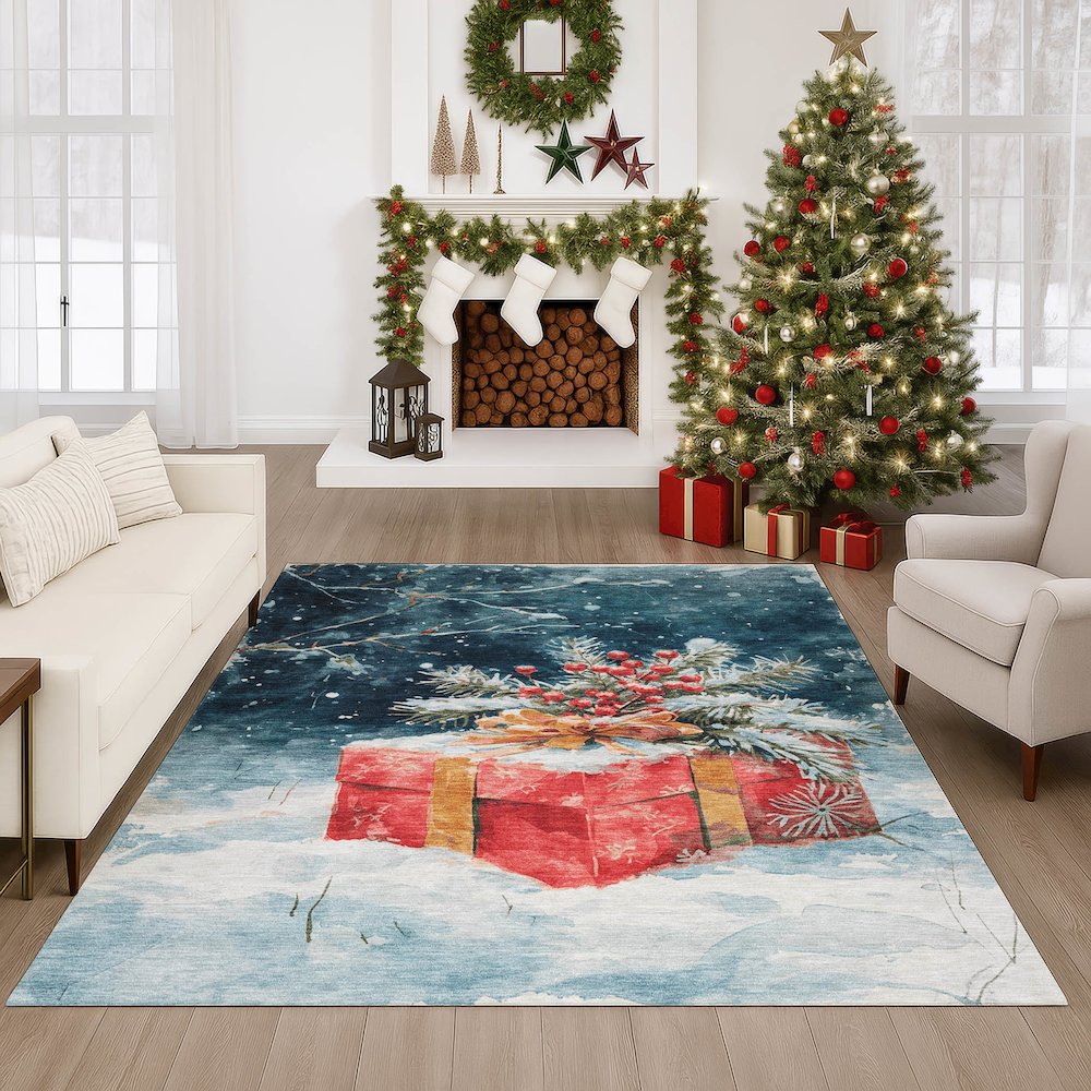 Luxury Washable Indoor/Outdoor Merry & Bright Blue 10' x 14' Rug