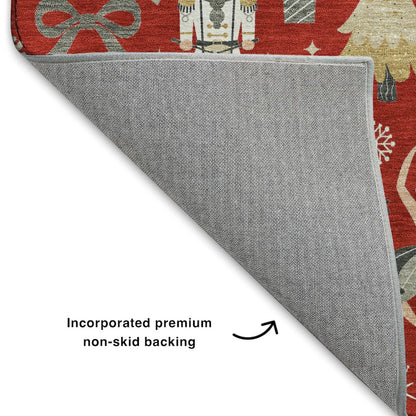 Luxury Washable Indoor/Outdoor Merry & Bright Red 8' x 8' Round Rug