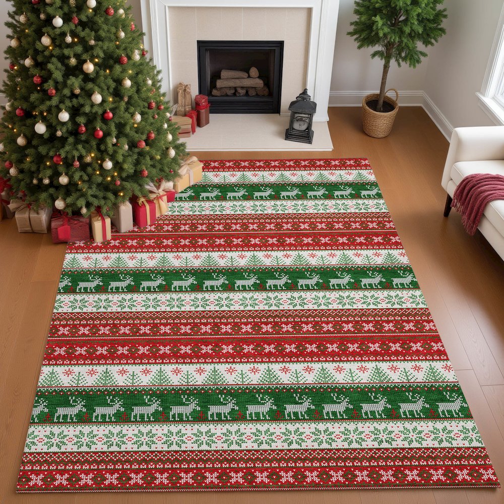 Luxury Washable Indoor/Outdoor Merry & Bright Red 10' x 14' Rug