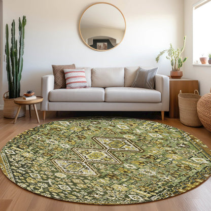 Machine Washable Indoor/Outdoor Chantille Olive 8' x 8' Round Rug