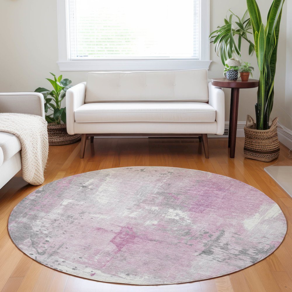 Machine Washable Indoor/Outdoor Chantille Pink 8' x 8' Round Rug