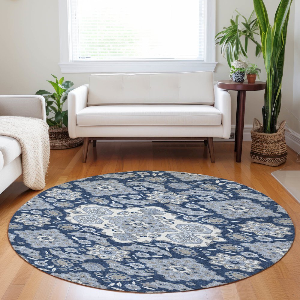 Machine Washable Indoor/Outdoor Chantille Blue 8' x 8' Round Rug