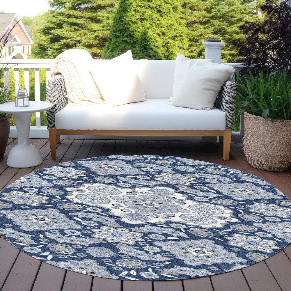 Machine Washable Indoor/Outdoor Chantille Blue 8' x 8' Round Rug