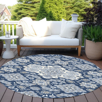 Machine Washable Indoor/Outdoor Chantille Blue 8' x 8' Round Rug