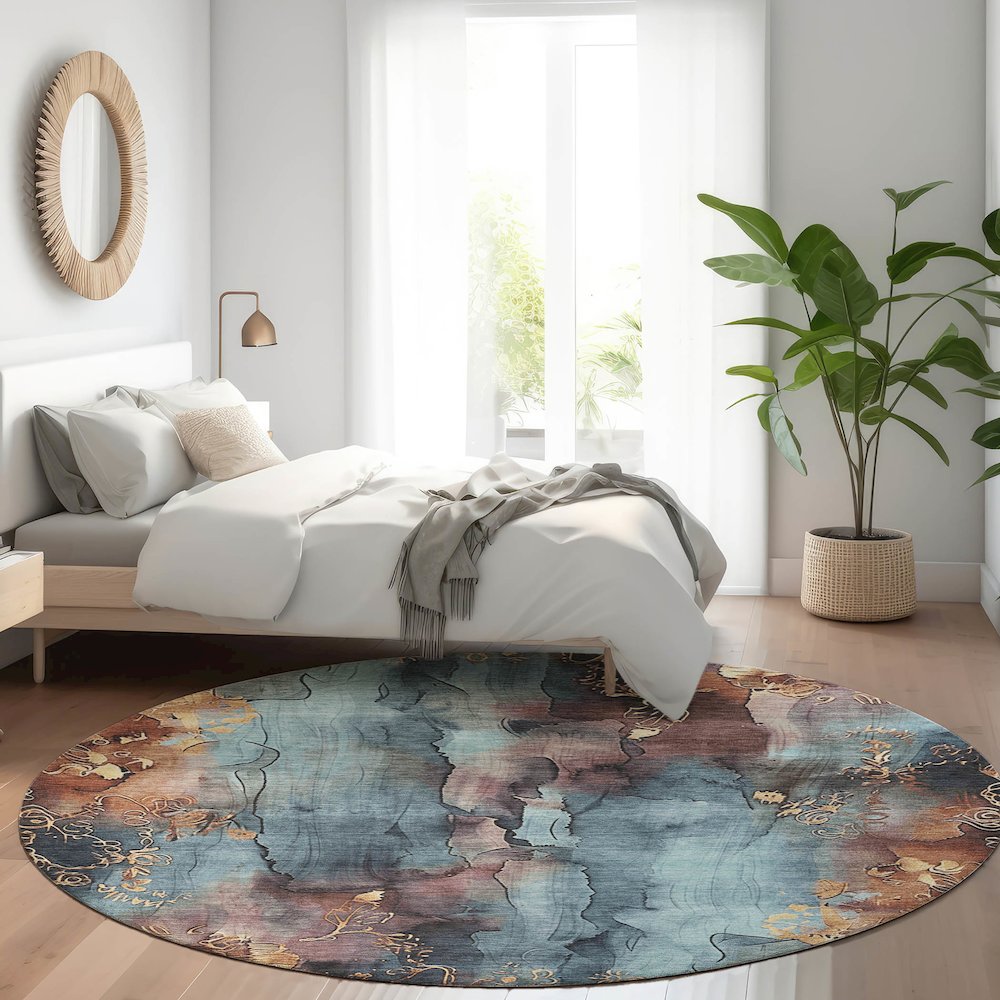 Machine Washable Indoor/Outdoor Chantille Blue 8' x 8' Round Rug