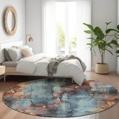 Machine Washable Indoor/Outdoor Chantille Blue 8' x 8' Round Rug