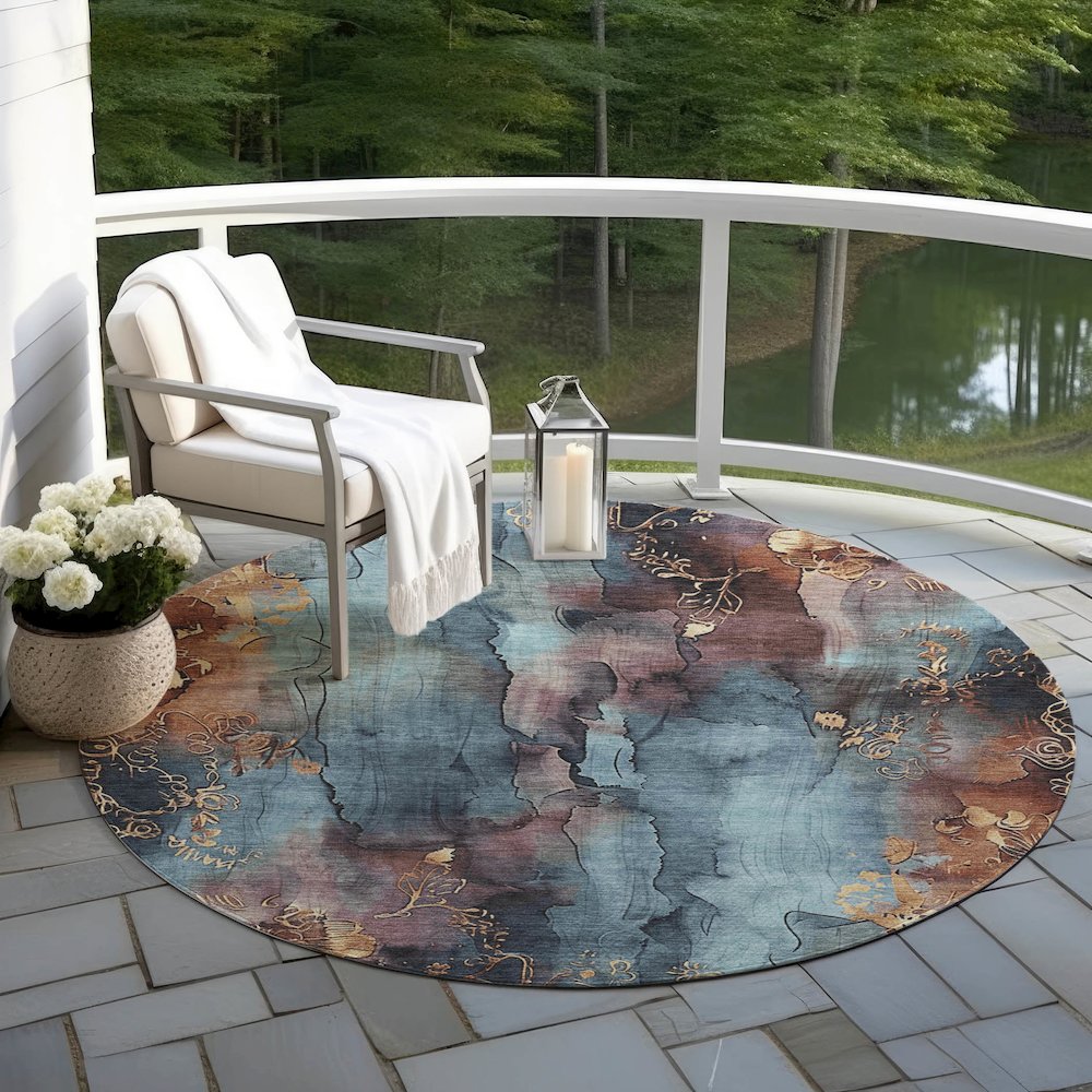 Machine Washable Indoor/Outdoor Chantille Blue 8' x 8' Round Rug