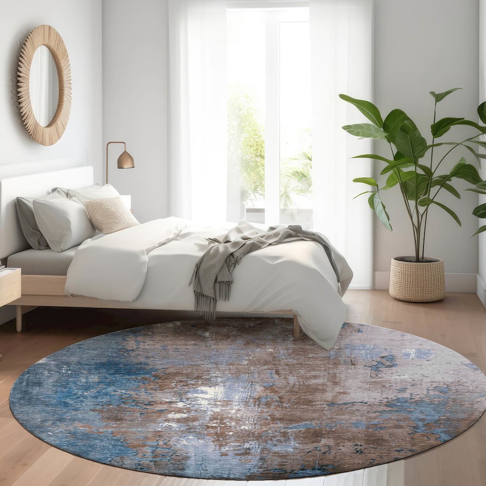 Machine Washable Indoor/Outdoor Chantille Brown 8' x 8' Round Rug