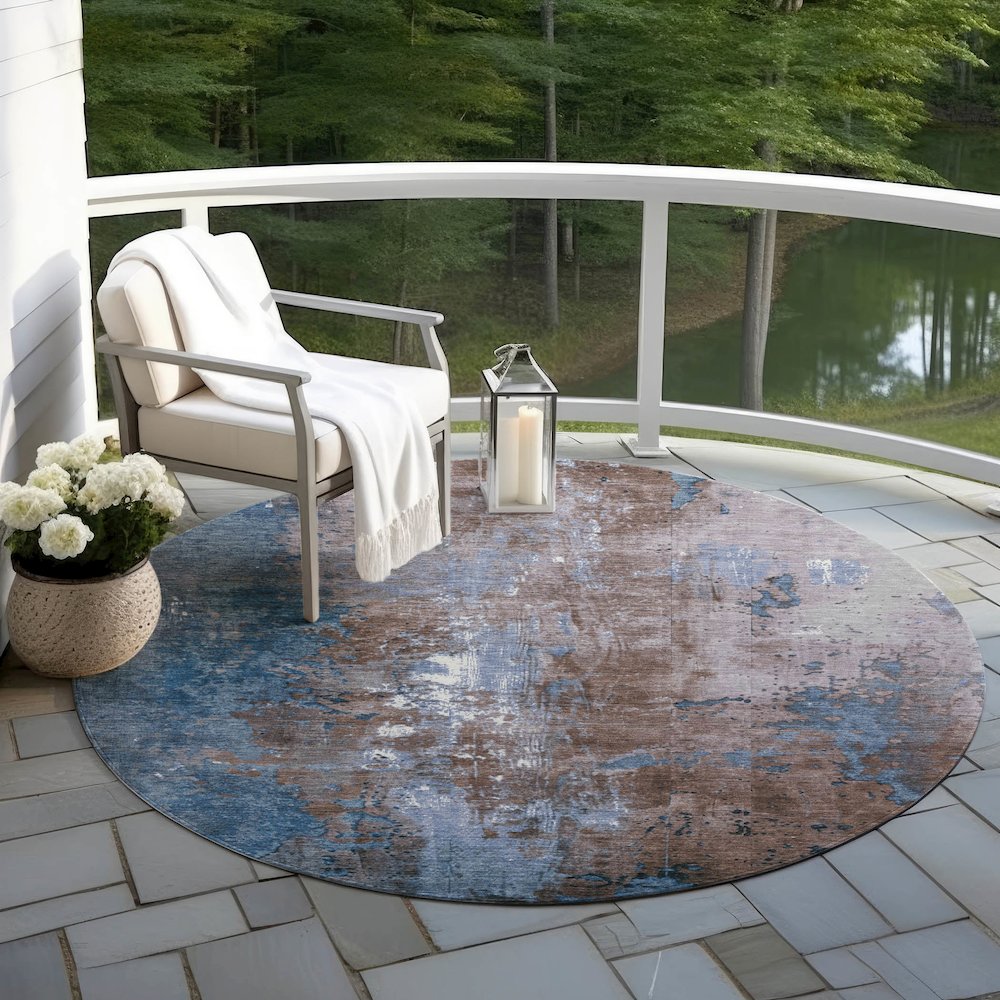 Machine Washable Indoor/Outdoor Chantille Brown 8' x 8' Round Rug