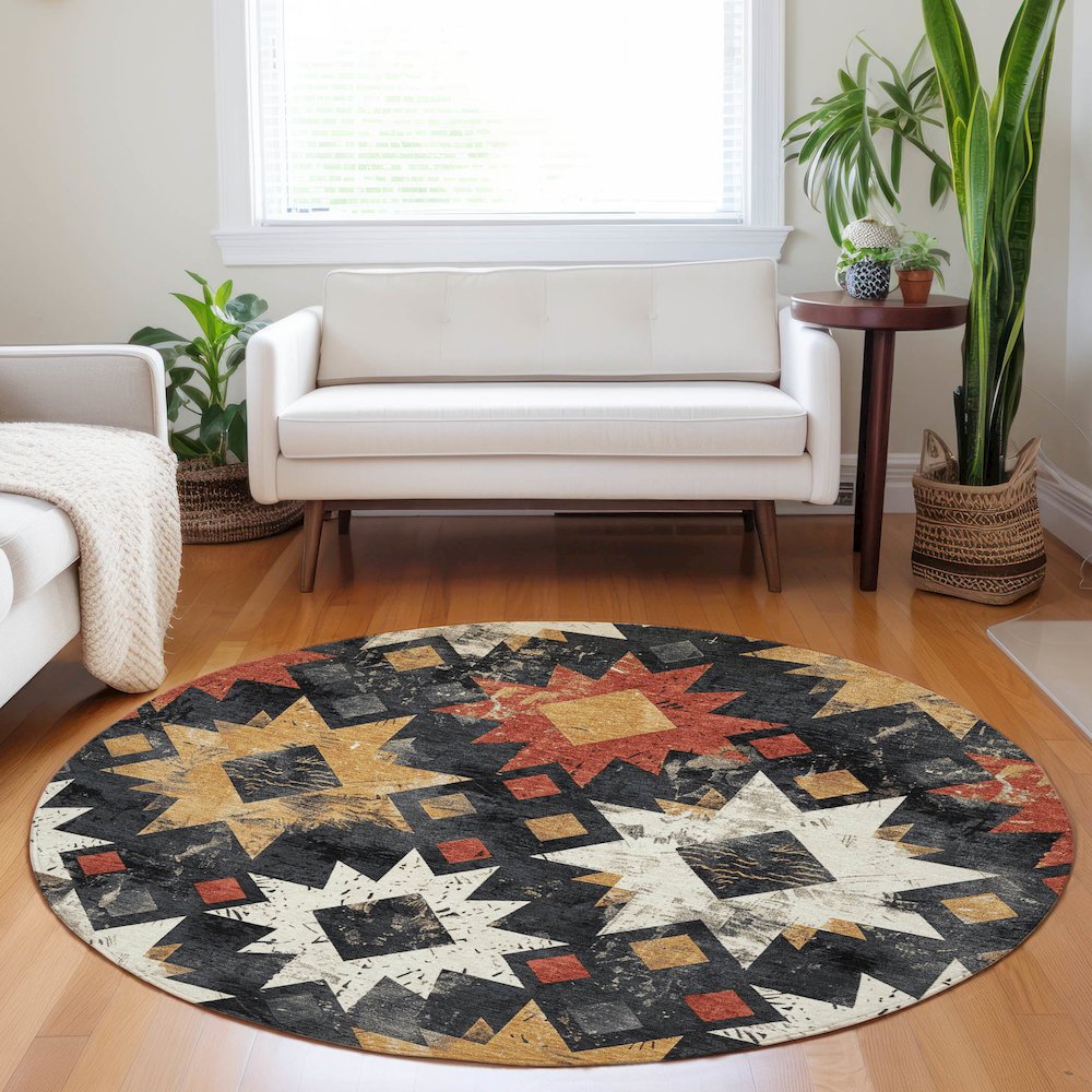 Machine Washable Indoor/Outdoor Chantille Black 8' x 8' Round Rug